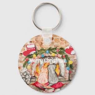 Cozy Christmas mantel with dog and cat Keychain