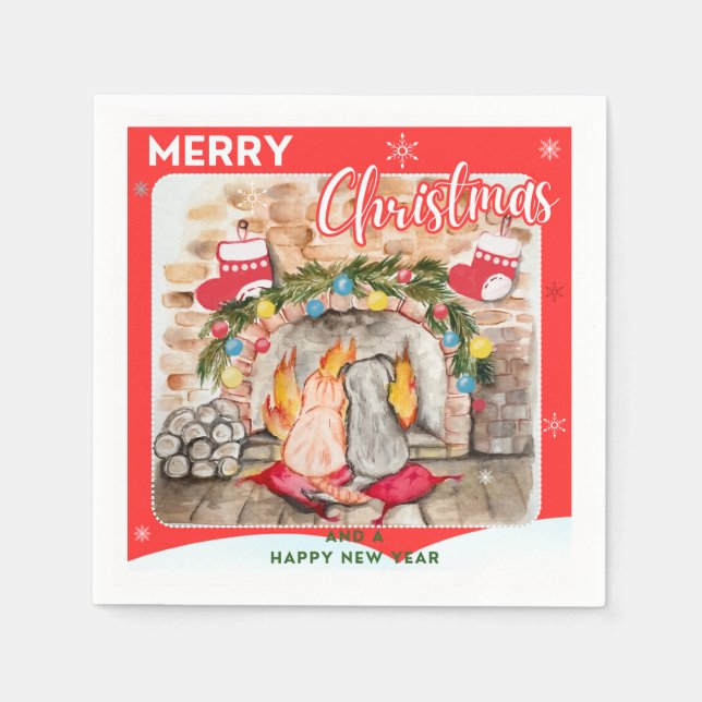 Cozy Christmas mantel with dog and cat Napkin (Front)