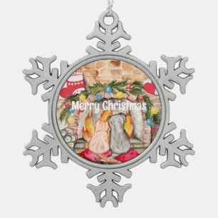 Cozy Christmas mantel with dog and cat Snowflake Pewter Christmas Ornament