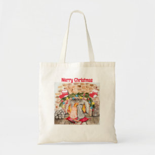 Cozy Christmas mantel with dog and cat Tote Bag