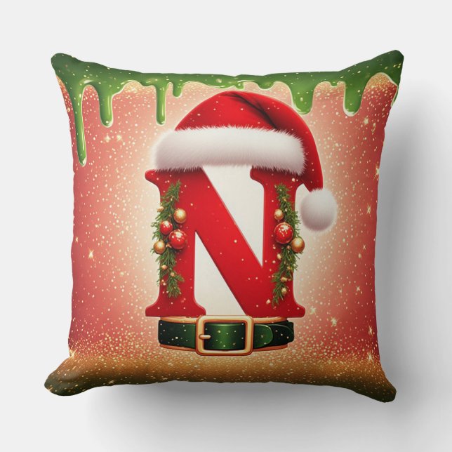 Cozy Christmas Monogram N with Santa Hat  Throw Pillow (Front)