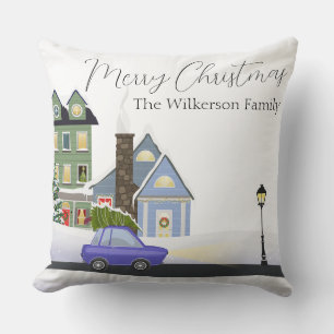 Cozy Christmas Night in the Village Throw Pillow