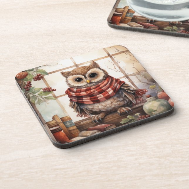 Cozy Christmas Owl Heartwarming Winter Cute Owl Coaster (Left Side)