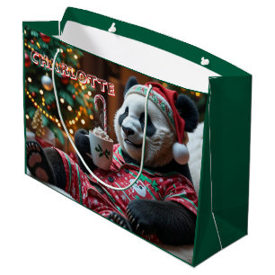 Cozy Christmas Panda in Pyjamas Personalized Large Gift Bag