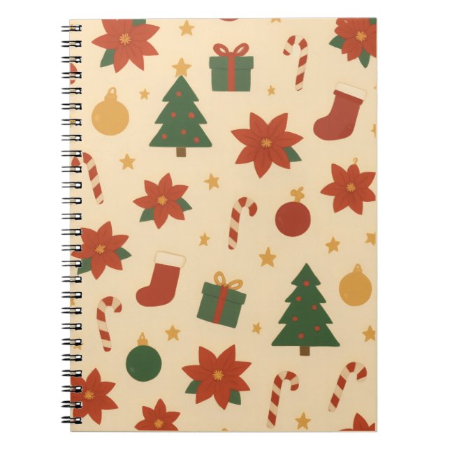 Cozy Christmas Pattern with Gifts and Trees Notebook (Front)