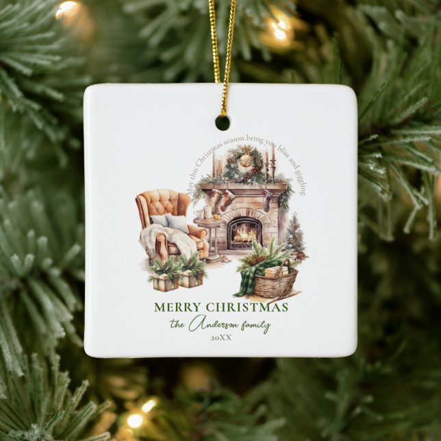 Cozy Christmas Personalized Family name Ceramic Ornament (Tree)
