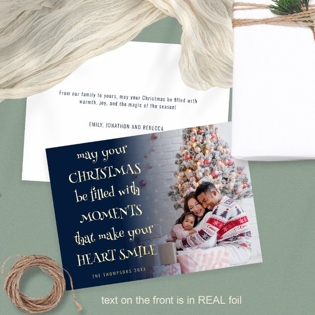 Cozy Christmas Quote Photo Overlay Navy Foil Holiday Card (Front and back view. Luxury real foil printing for the text on the front)
