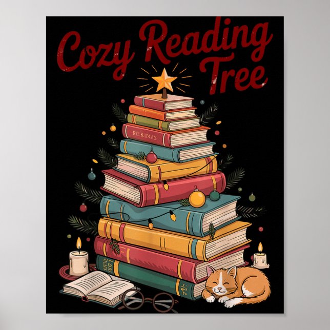 Cozy Christmas Reading Tree Cat Candle Stack Booki Poster (Front)