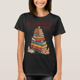 Cozy Christmas Reading Tree Cat Candle Stack Booki T-Shirt