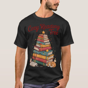Cozy Christmas Reading Tree Cat Candle Stack Booki T-Shirt