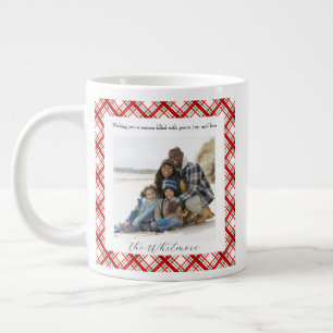 Cozy Christmas Red Plaid Retro Monogram 2 Photo Large Coffee Mug
