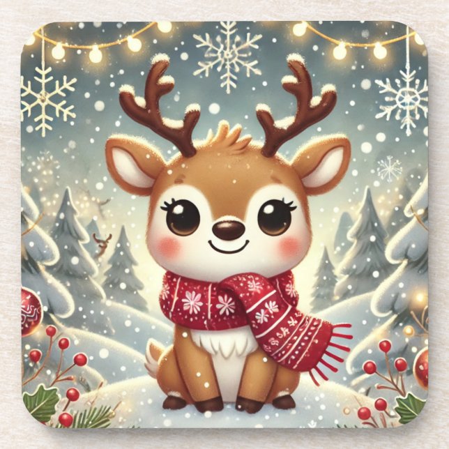 Cozy Christmas Reindeer in a Winter Wonderland Coaster (Front)