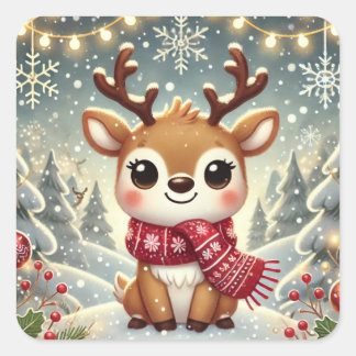 Cozy Christmas Reindeer in a Winter Wonderland Square Sticker