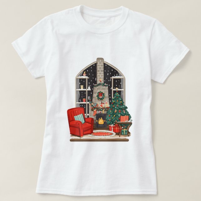 Cozy Christmas Room Scene – Warm Holiday T-Shirt (Design Front)