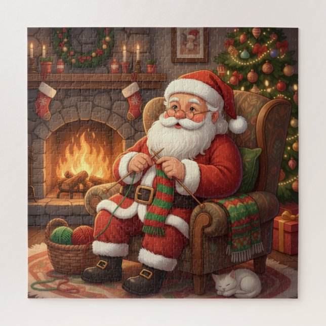 Cozy Christmas Santa Knitting by the Fireplace Jigsaw Puzzle (Vertical)