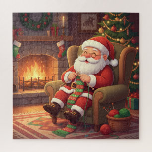 Cozy Christmas Santa Knitting by the Fireplace Jigsaw Puzzle