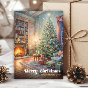 Cozy Christmas scene card vintage red green style