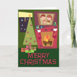 Cozy Christmas Scene Cute Retro Art Holiday Card<br><div class="desc">A fun and cute merry Christmas characters cartoon happy holidays unique retro art happy fun cozy fireside winter scene yule log seasonal digital illustration vintage aesthetic fun winter holiday design t-shirt. Get a cool Christmas cozy scene cartoon tee today.</div>