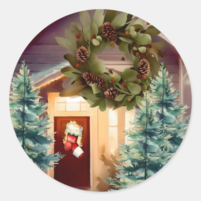 Cozy Christmas Scene Spruce Trees Classic Round Sticker (Front)