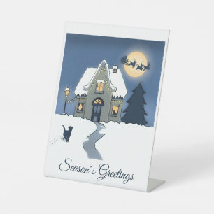 Cozy Christmas scene with House and Cat in Snow Pedestal Sign