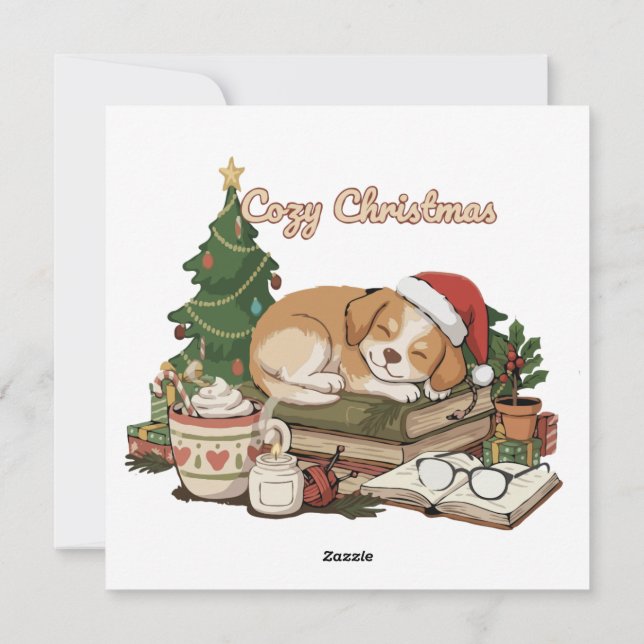 Cozy Christmas Sleeping Puppy & Books Vintage  Holiday Card (Back)