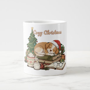 Cozy Christmas Sleeping Puppy & Books Vintage Large Coffee Mug
