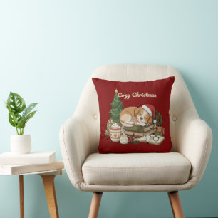 Cozy Christmas Sleeping Puppy & Books Vintage  Throw Pillow