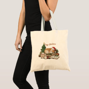 Cozy Christmas Sleeping Puppy & Books Vintage  Tote Bag