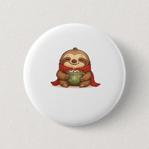 Cozy Christmas Sloth with Hot Chocolate � Cute Win 2 Inch Round Button