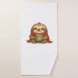 Cozy Christmas Sloth with Hot Chocolate � Cute Win Bath Towel