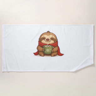 Cozy Christmas Sloth with Hot Chocolate – Cute Win Beach Towel