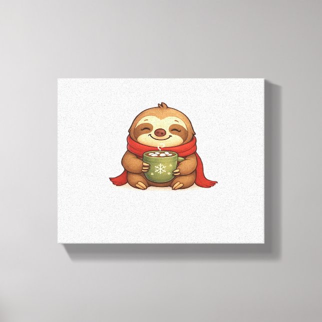 Cozy Christmas Sloth with Hot Chocolate – Cute Win Canvas Print (Front)