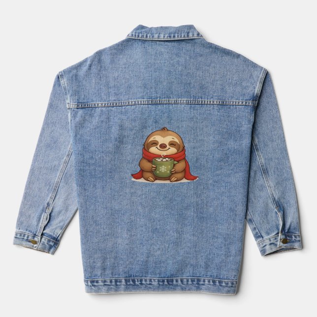 Cozy Christmas Sloth with Hot Chocolate – Cute Win Denim Jacket (Back)