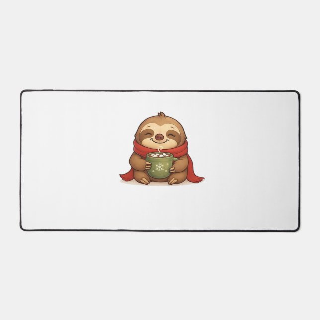 Cozy Christmas Sloth with Hot Chocolate – Cute Win Desk Mat (Front)