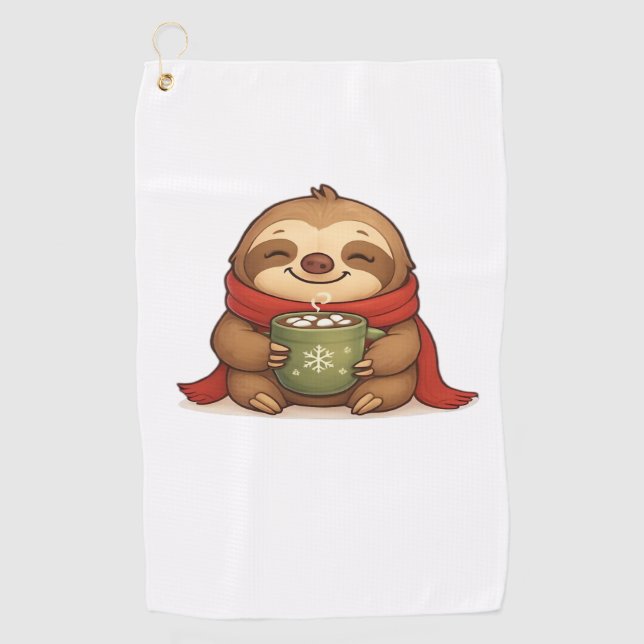 Cozy Christmas Sloth with Hot Chocolate – Cute Win Golf Towel (Front)