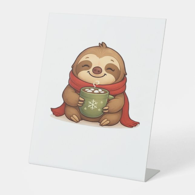 Cozy Christmas Sloth with Hot Chocolate � Cute Win Pedestal Sign (Front)