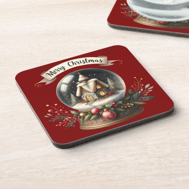 Cozy Christmas Snow Globe Cottage Scene Coaster (Left Side)