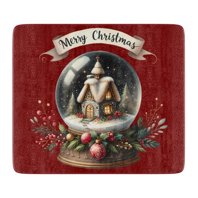 Cozy Christmas Snow Globe Cottage Scene Cutting Board (Front)