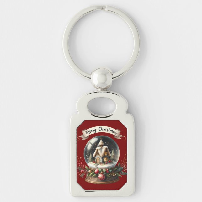 Cozy Christmas Snow Globe Cottage Scene Keychain (Front)