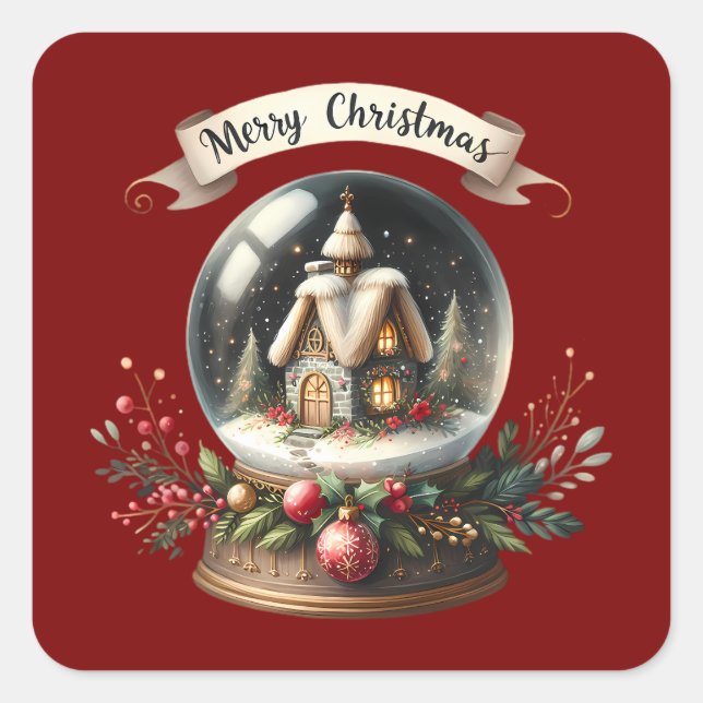 Cozy Christmas Snow Globe Cottage Scene Square Sticker (Front)
