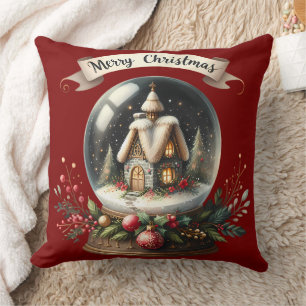 Cozy Christmas Snow Globe Cottage Scene Throw Pillow