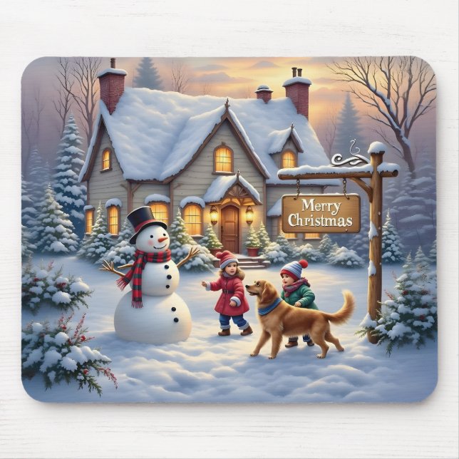 Cozy Christmas Snow Scene Art Mouse Pad (Front)