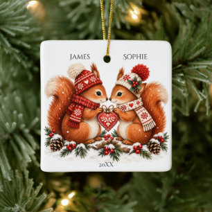 Cozy Christmas Squirrel Couple Scandinavian Love Ceramic Ornament