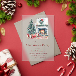 Cozy Christmas Tree & Fireplace Christmas Party Acrylic Invitations