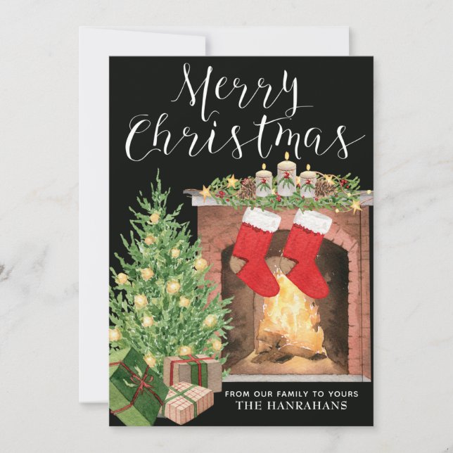 Cozy Christmas Tree Fireplace Custom Holiday Card (Front)