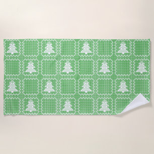 Cozy Christmas tree ugly sweater chequered pattern Beach Towel