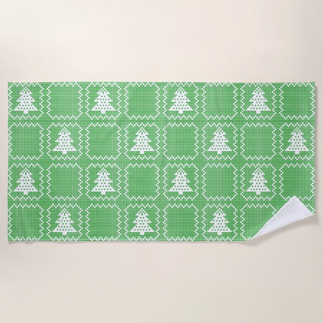Cozy Christmas tree ugly sweater chequered pattern Beach Towel (Front)