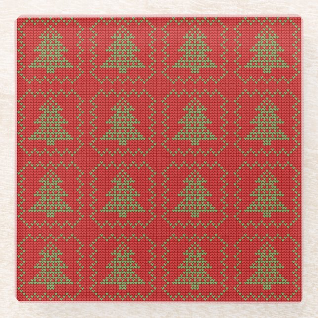 Cozy Christmas tree ugly sweater chequered pattern Glass Coaster (Front)