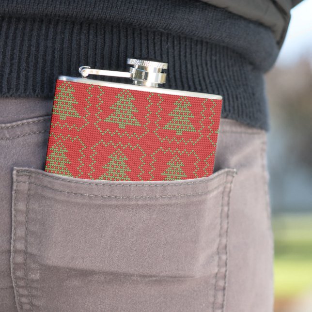 Cozy Christmas tree ugly sweater chequered pattern Hip Flask (In Situ)
