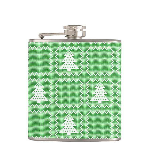 Cozy Christmas tree ugly sweater chequered pattern Hip Flask (Front)